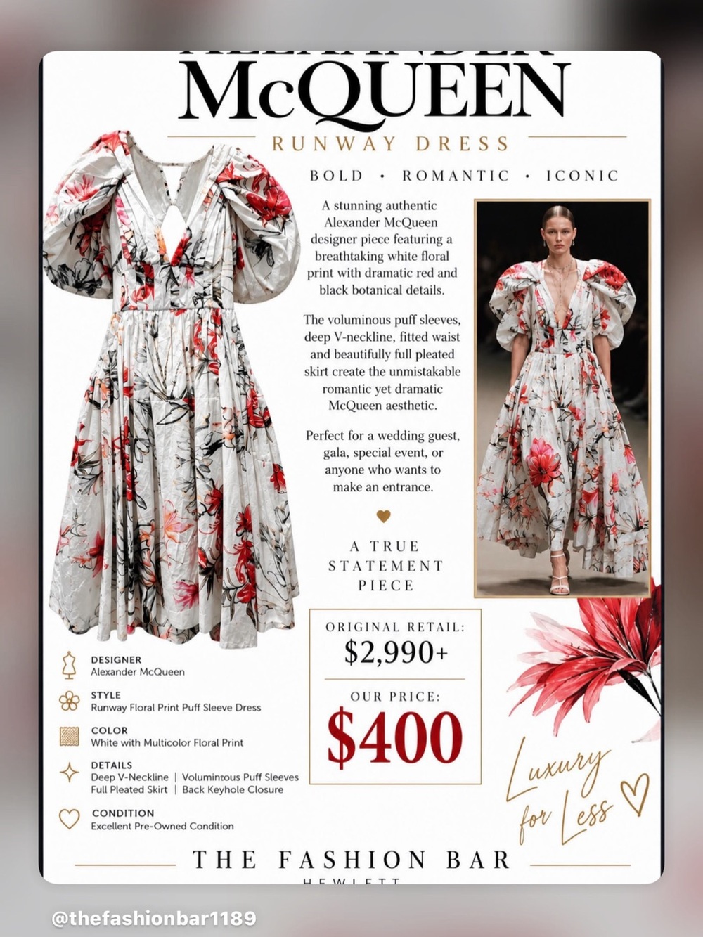 Alexander McQueen White Midi Dress with Red & Black Floral Print